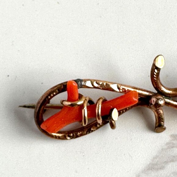 Antique Victorian Brooch, Red Coral Branches, Gold Filled Ornate Pin, 1800s - Picture 7 of 9